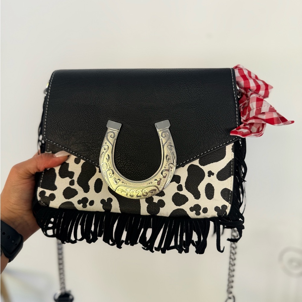 NWT Loungefly Black and White Cow Print hidden Mickey Shoulder Bag